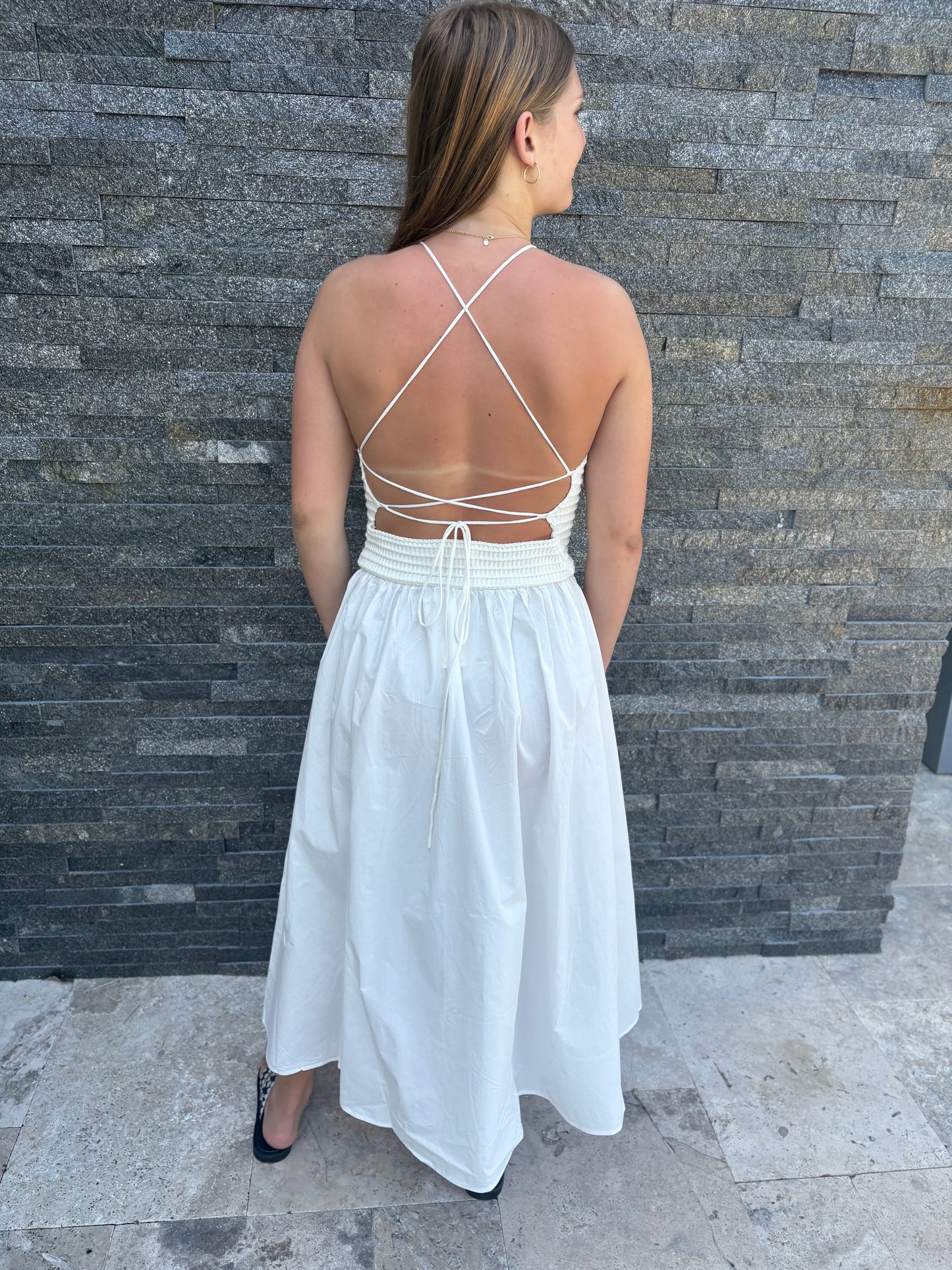 White backless midi dress by FRNCH