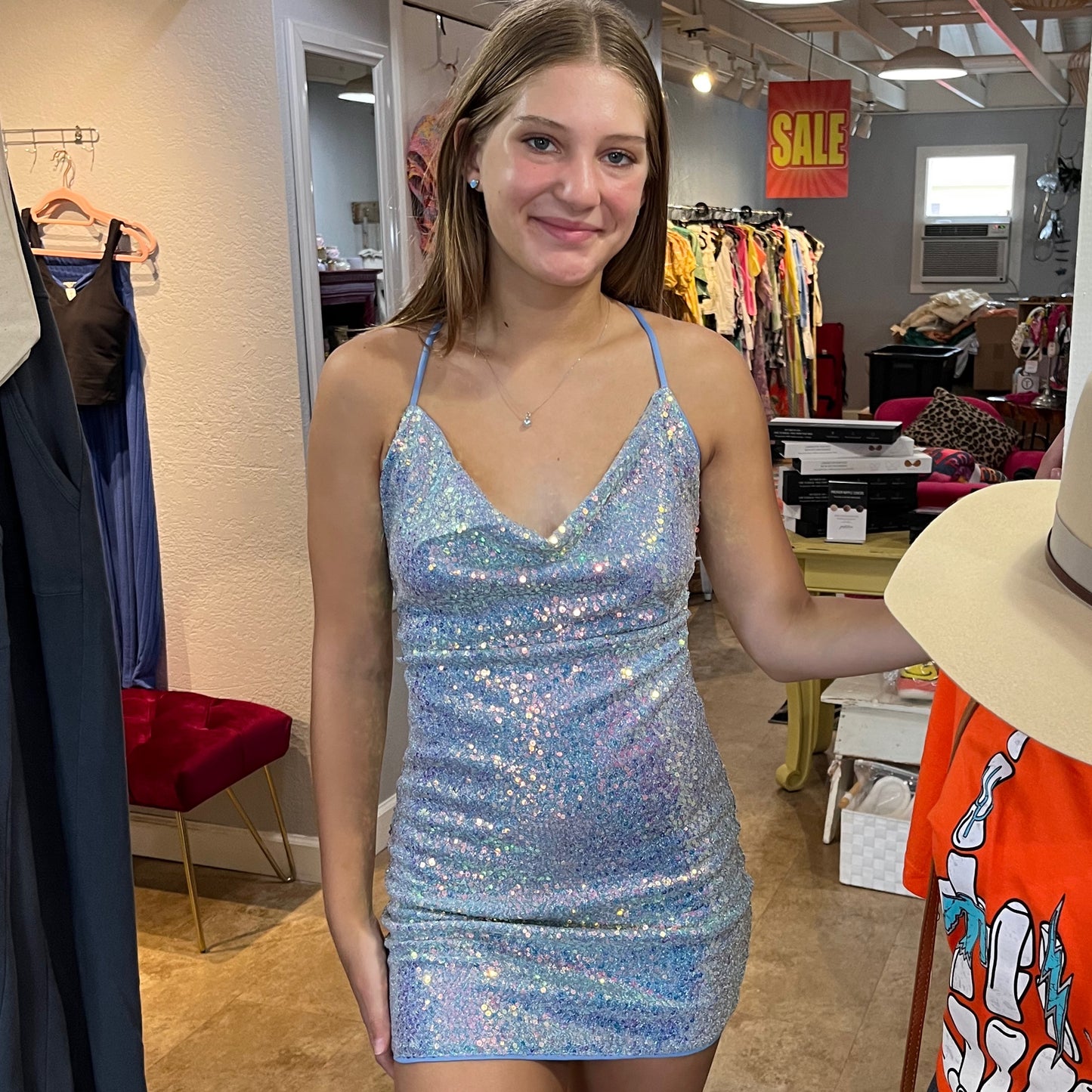 Blue sequin mini dress
