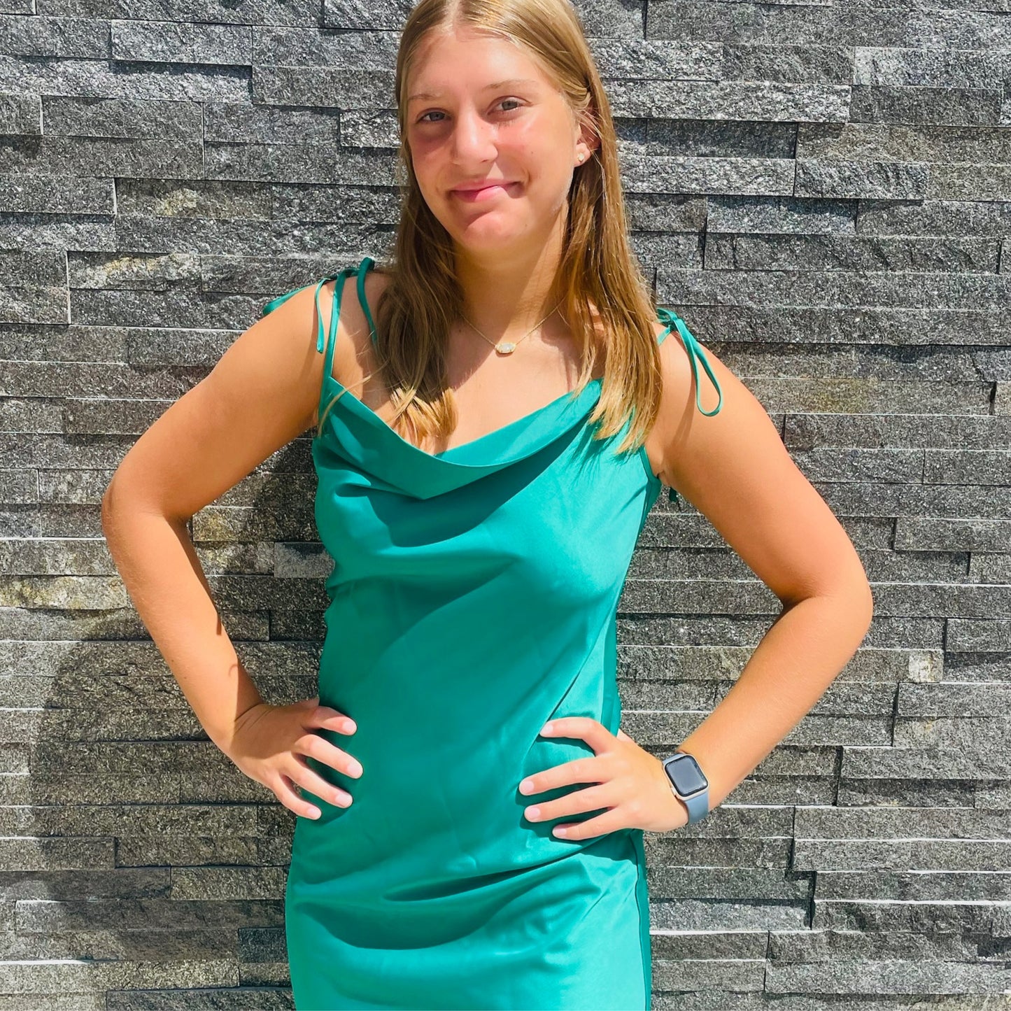 Green Satin Midi Dress by THML