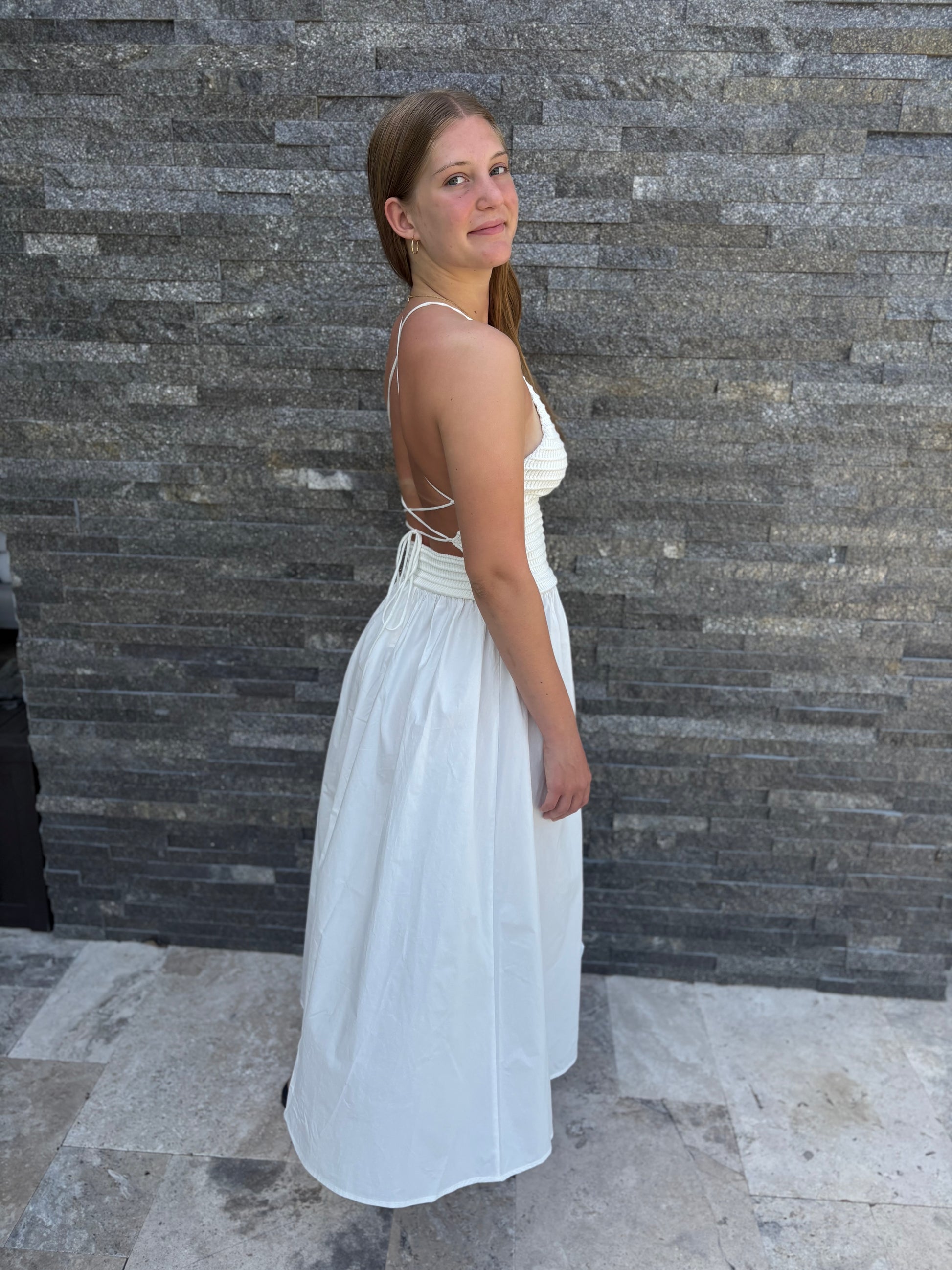 White backless midi dress by FRNCH – Salted Air Mercantile