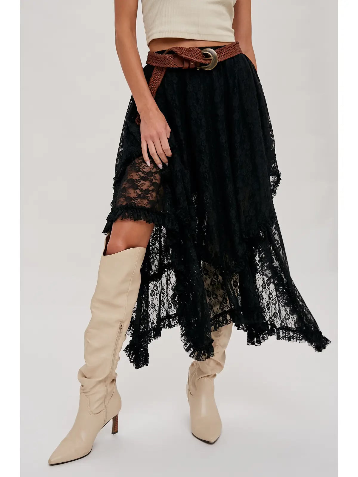 Black Lace Tier Midi Skirt