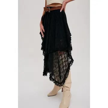 Black Lace Tier Midi Skirt
