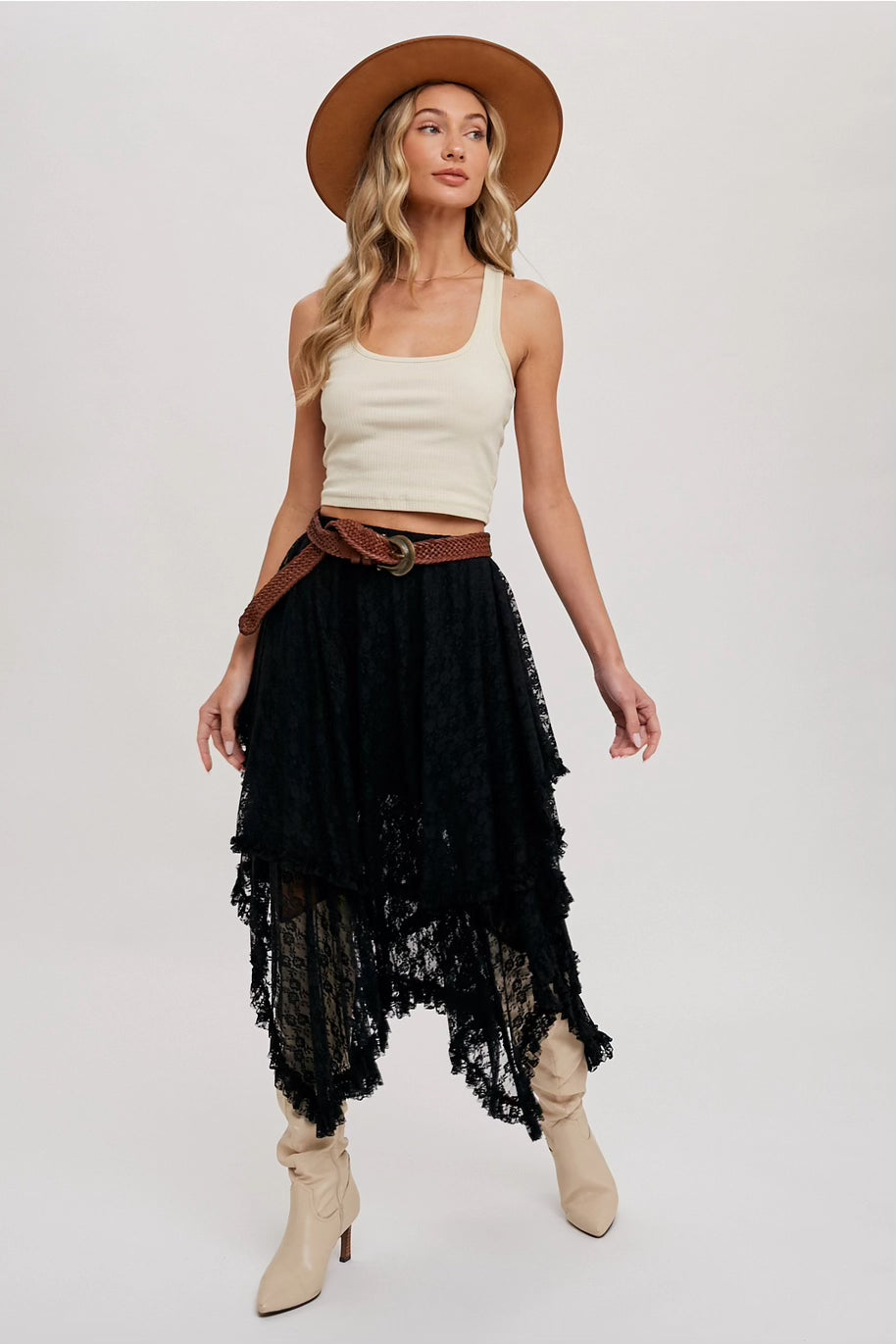 Black Lace Tier Midi Skirt