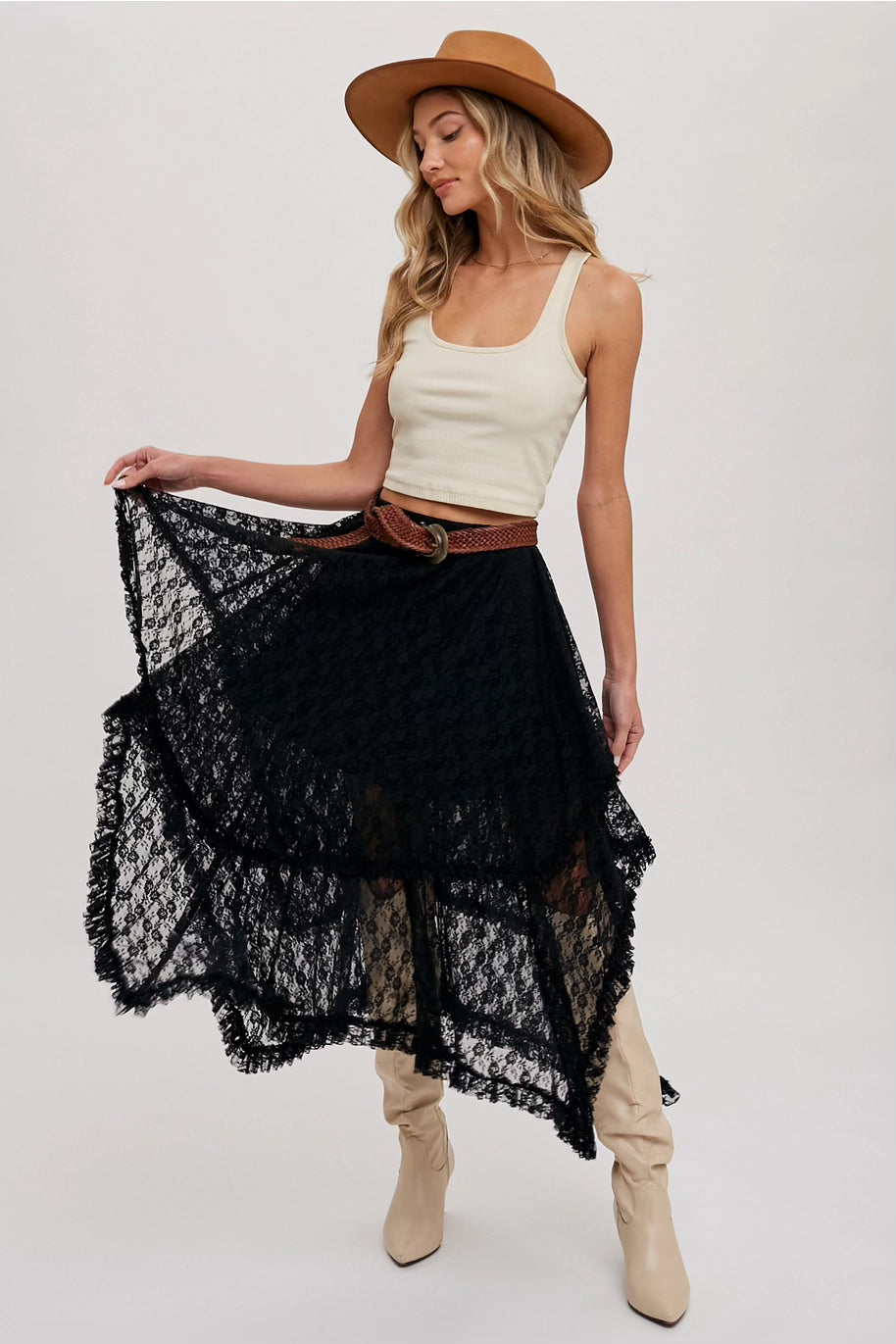 Black Lace Tier Midi Skirt