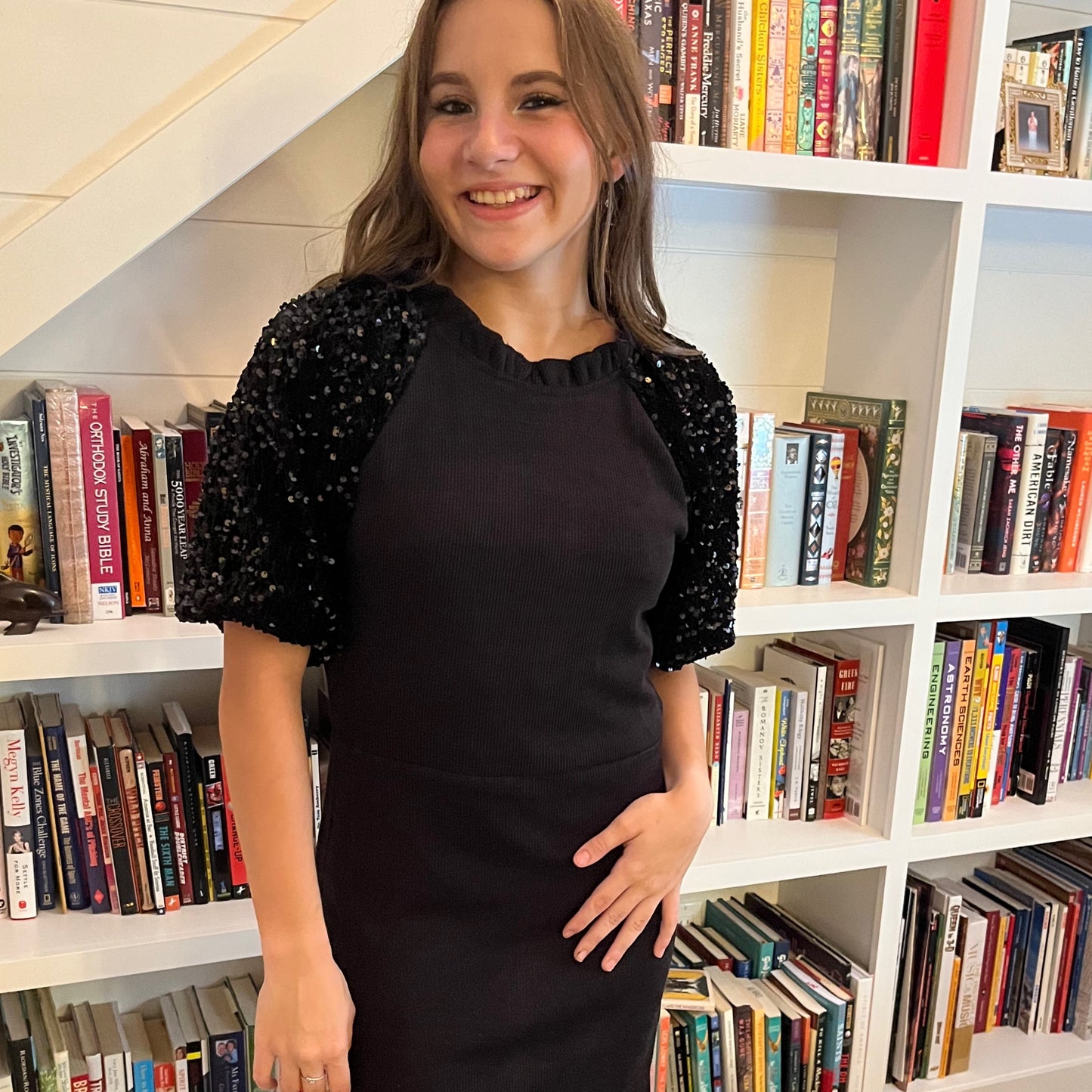 Black sequin sleeve dress  by THML