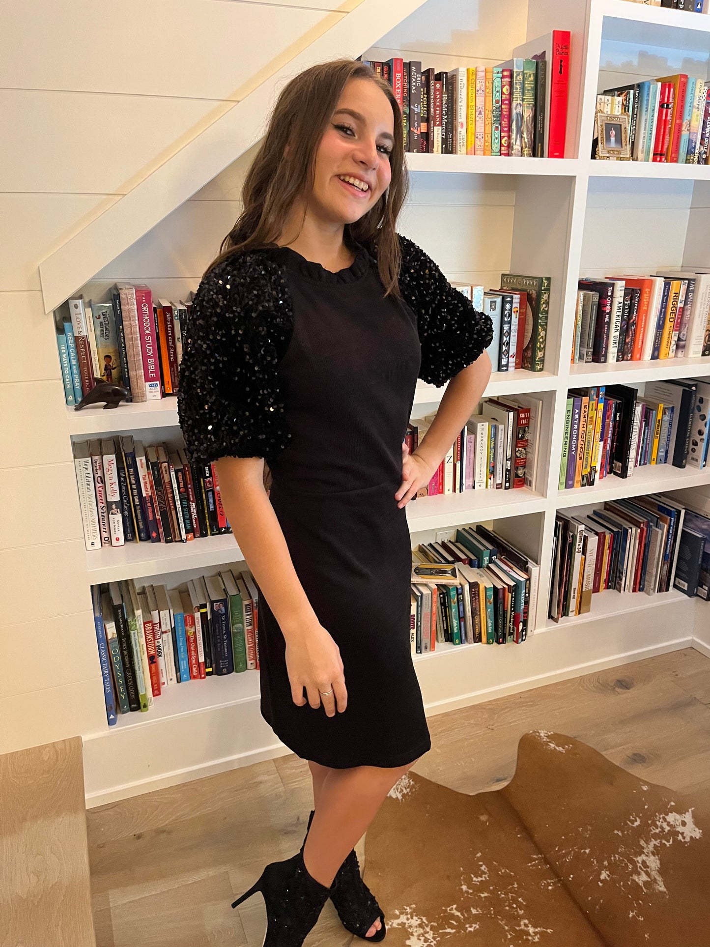 Black sequin sleeve dress  by THML